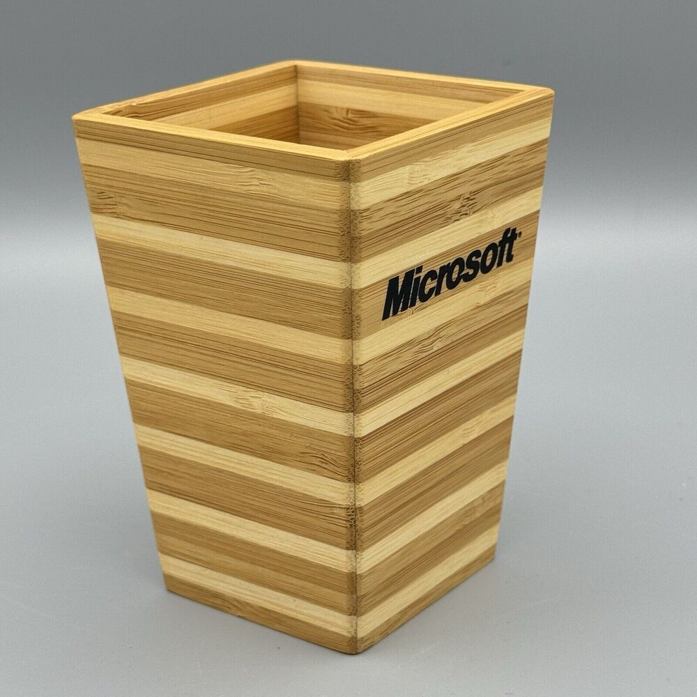 Bamboo Two Toned Striped Desktop Pencil Holder Pen Cup Advertising Microsoft
